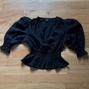 Express | Black Puff-Sleeve | Smocked Peplum | V-Neck Top | size XS